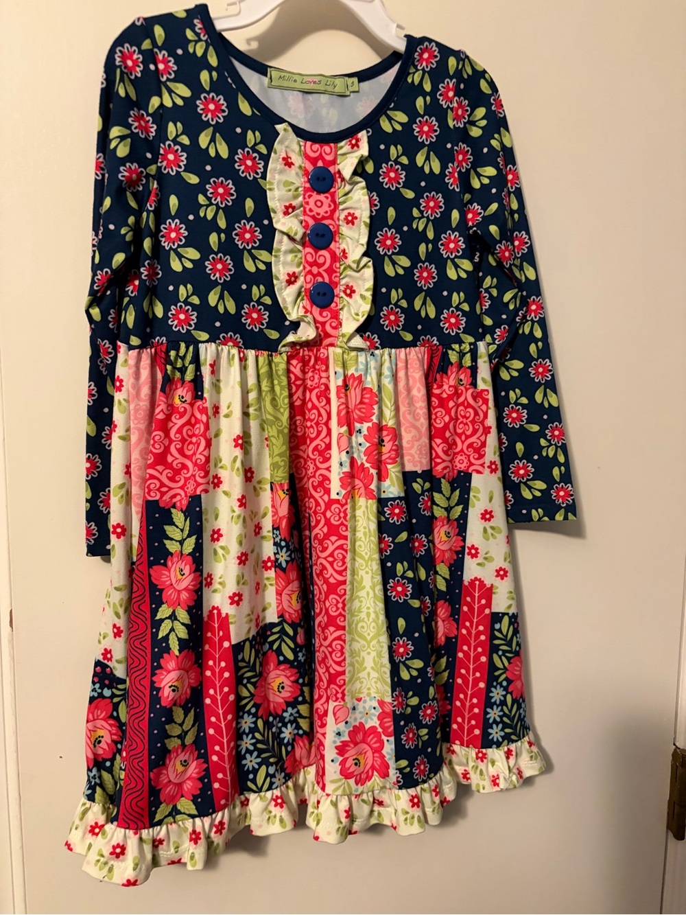 Navy & Pink Floral Patchwork Ruffle Dress - Kids
